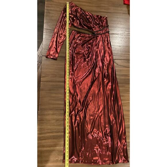 Marchesa Notte One-Shoulder slit Gown Metallic Red Cut Out Maxi Midi Dress 8 NWT - Picture 13 of 17